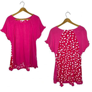 UMGEE Barbiecore Mixed Media Print Fringe Sleeve Pink Short Sleeve Tunic Blouse